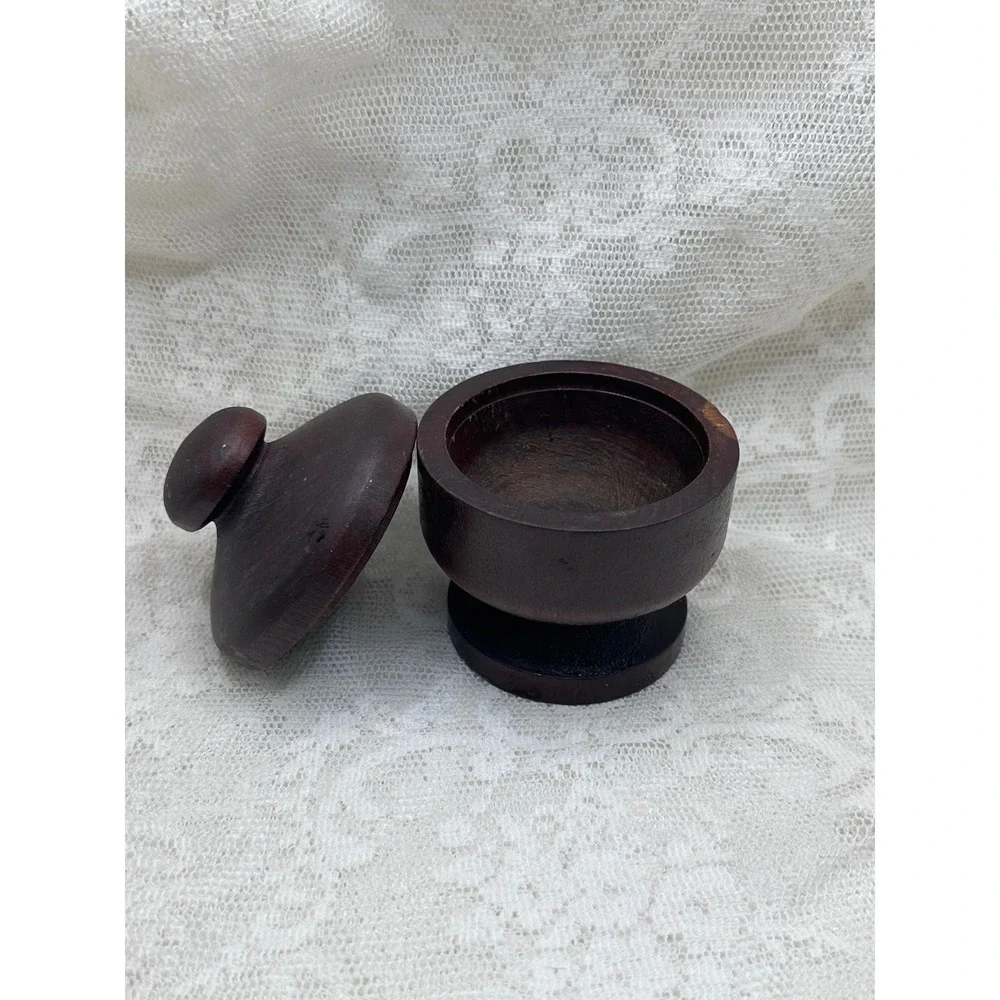 Vintage Dark Wood Pedestal Trinket Box with Lid Hand Turned Round Keepsake Jar